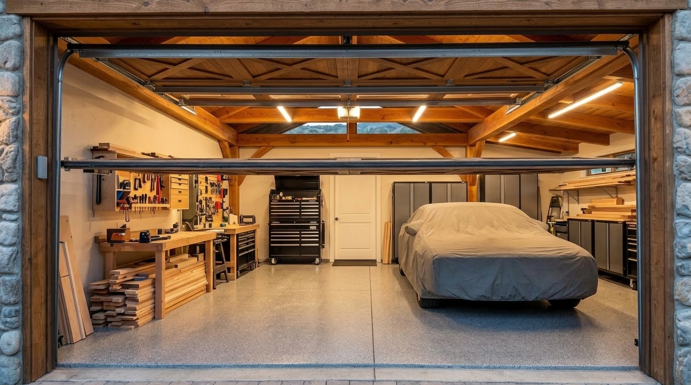 Rancho Cordova Garage Door Service Interior View of Custom Garage Door Overhead and Workshop